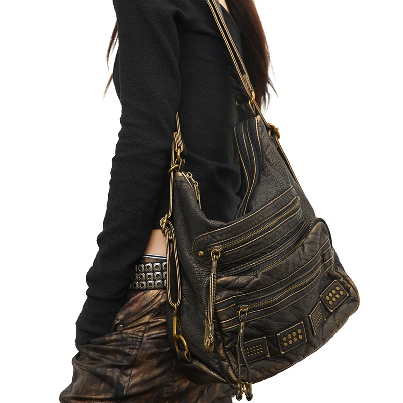 

Y2K Women's Bag Fashion Retro Rivet Tote Bag Water Washed Soft Leather Large Capacity Commuter Single Shoulder Crossbody Bag