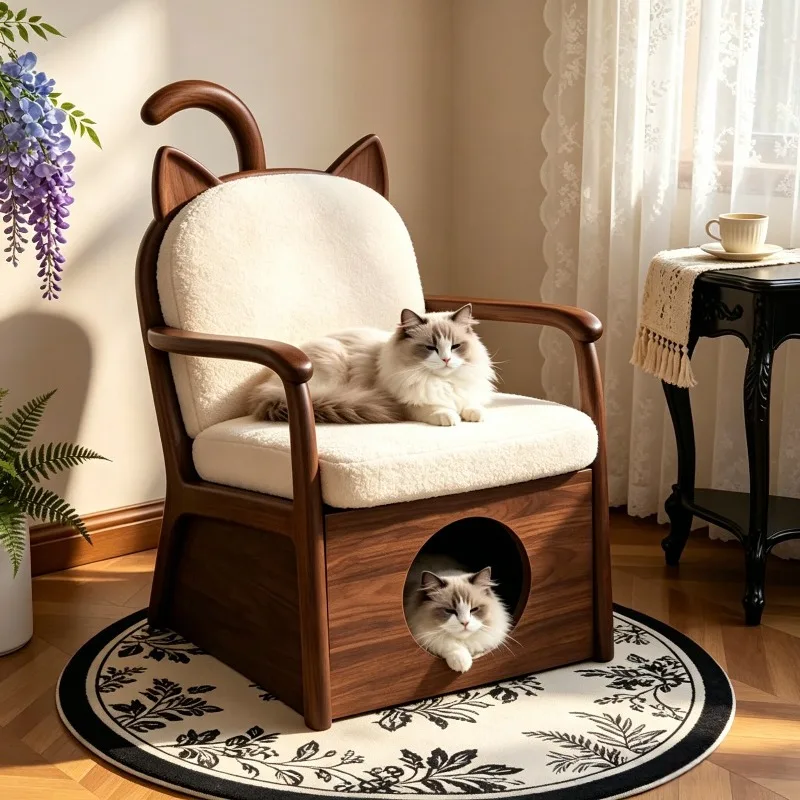Casual simple style cat sofa chair solid wood cat nest integrated pet seat