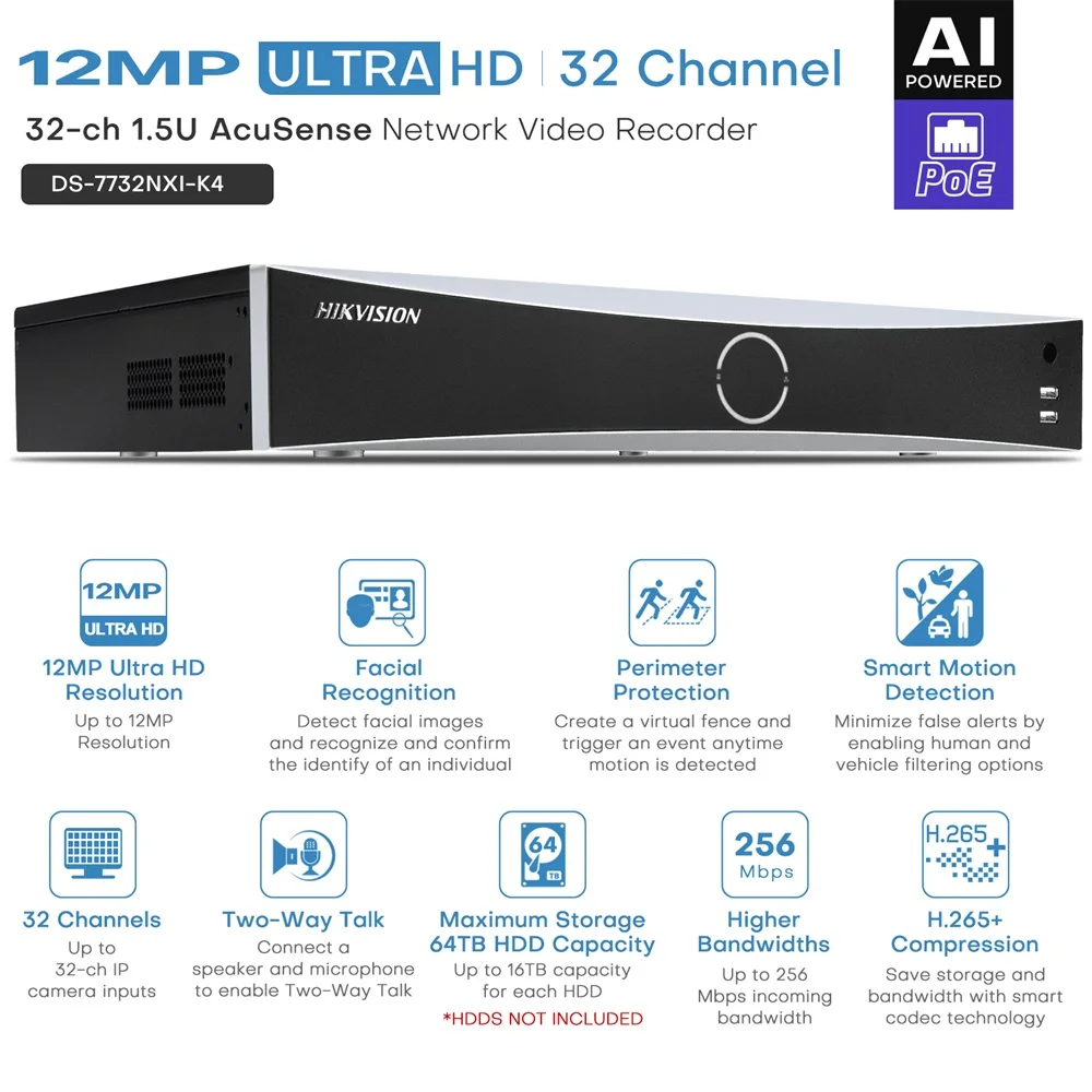 Hikvision 32ch 1.5U AcuSense 4K NVR AcuSearch for 16/12/8/6/4MP IP Camera Facial Recognition Perimeter Protection 256Mbps H.265+