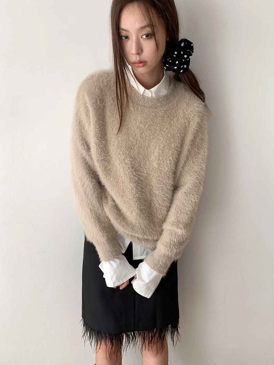 

Ambosc Vintage Soft Cozy round Ne Furry Slimming Knitted Sweater Long Sve Warm Top Faionable Commute Sle Nylon Polye...