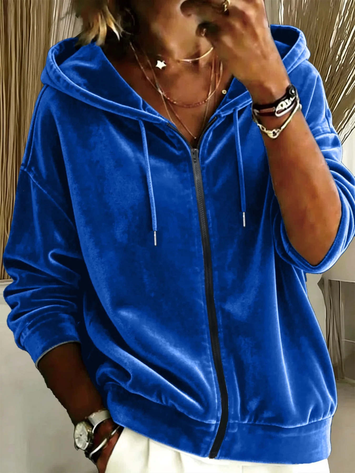 2026 Herbst Winter Neue Damen Freizeitjacke aus Samt mit Kordelzug, Kapuze und Reißverschluss, Langarm-Hoodie – Detail 9