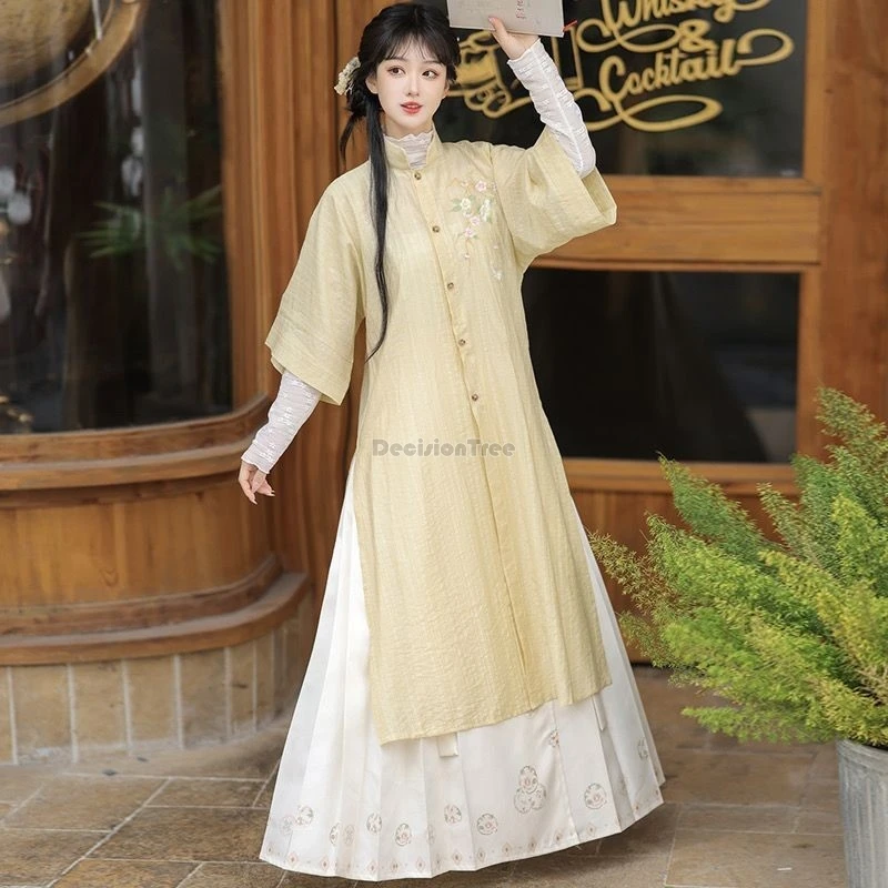 women's ming dynasty chinese style daily hanfu full set spring ancient embroidery standing collar long shirt horse face skirt