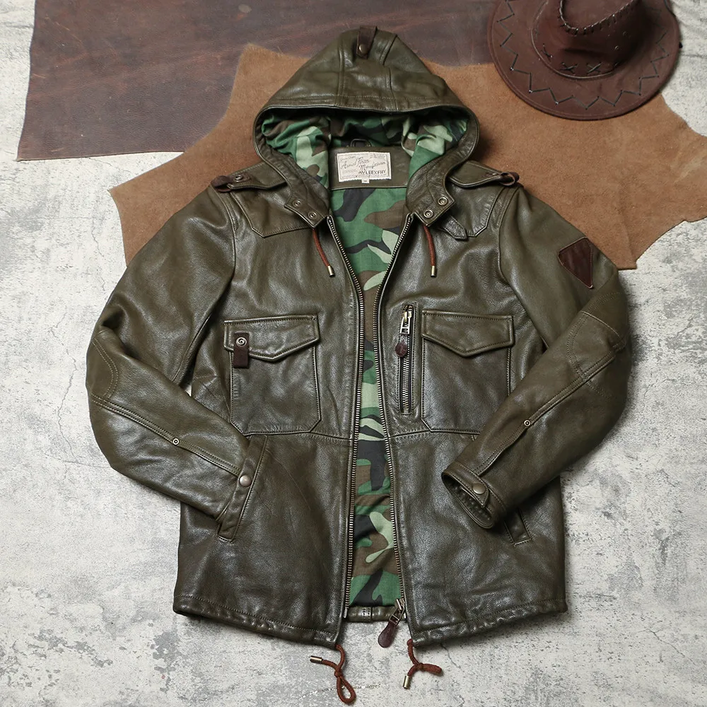 Vintage Multi-Pocket Hunting Genuine Leather Jacket, Mid-Length Hooded Goatskin Outdoor Adventure Riding Genuine Coat