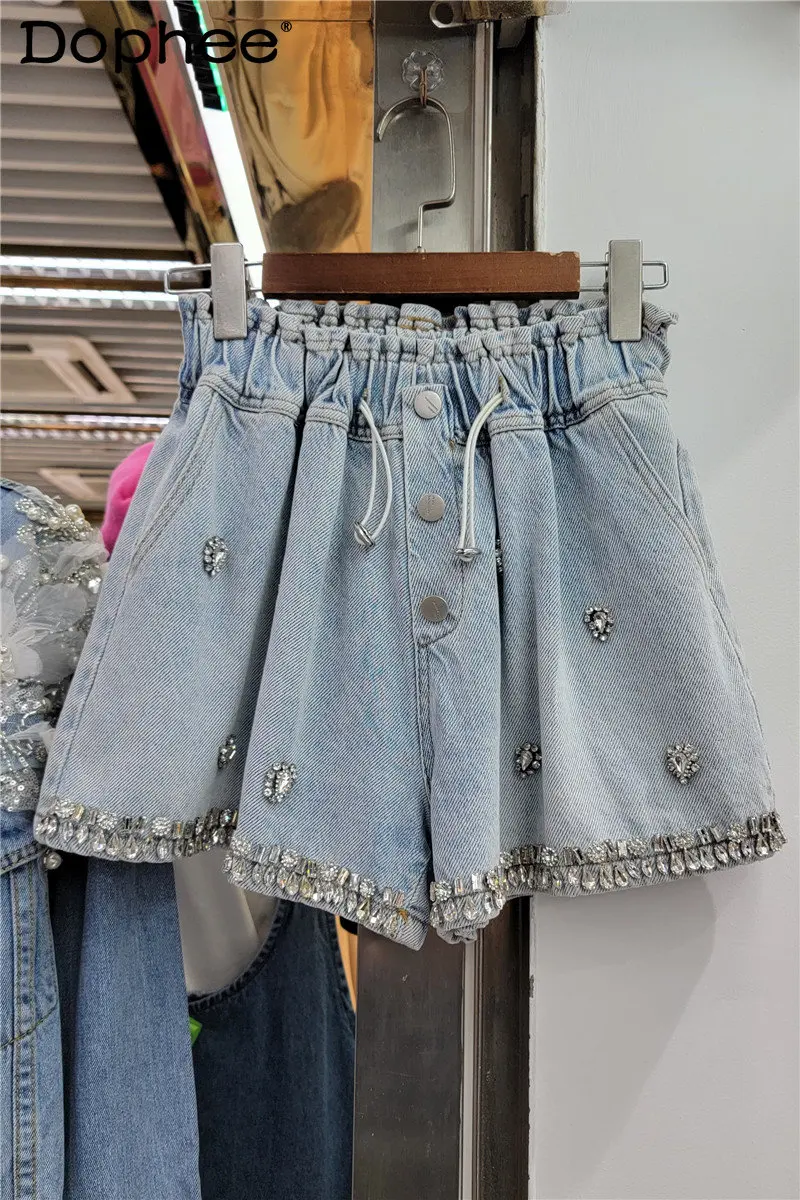 

2023 Spring Summer New Blue Denim Shorts Women Exquisite Rhinestone Beaded High Waist Slimming Wide-Leg Shorts Jeans Hot Pants