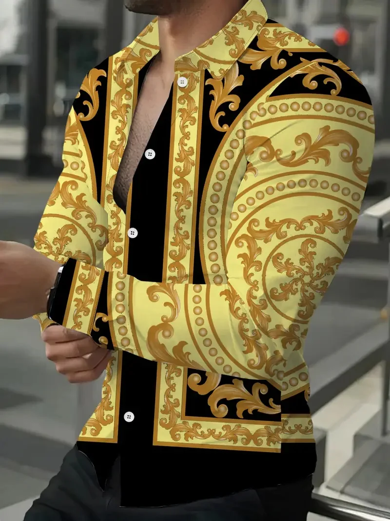 قميص رجالي بأكمام طويلة مطبوع عليه زهور ثلاثية الأبعاد، نمط كاجوال عصري، قميص كاجوال بياقة بأزرار، قميص على طراز الشارع #1