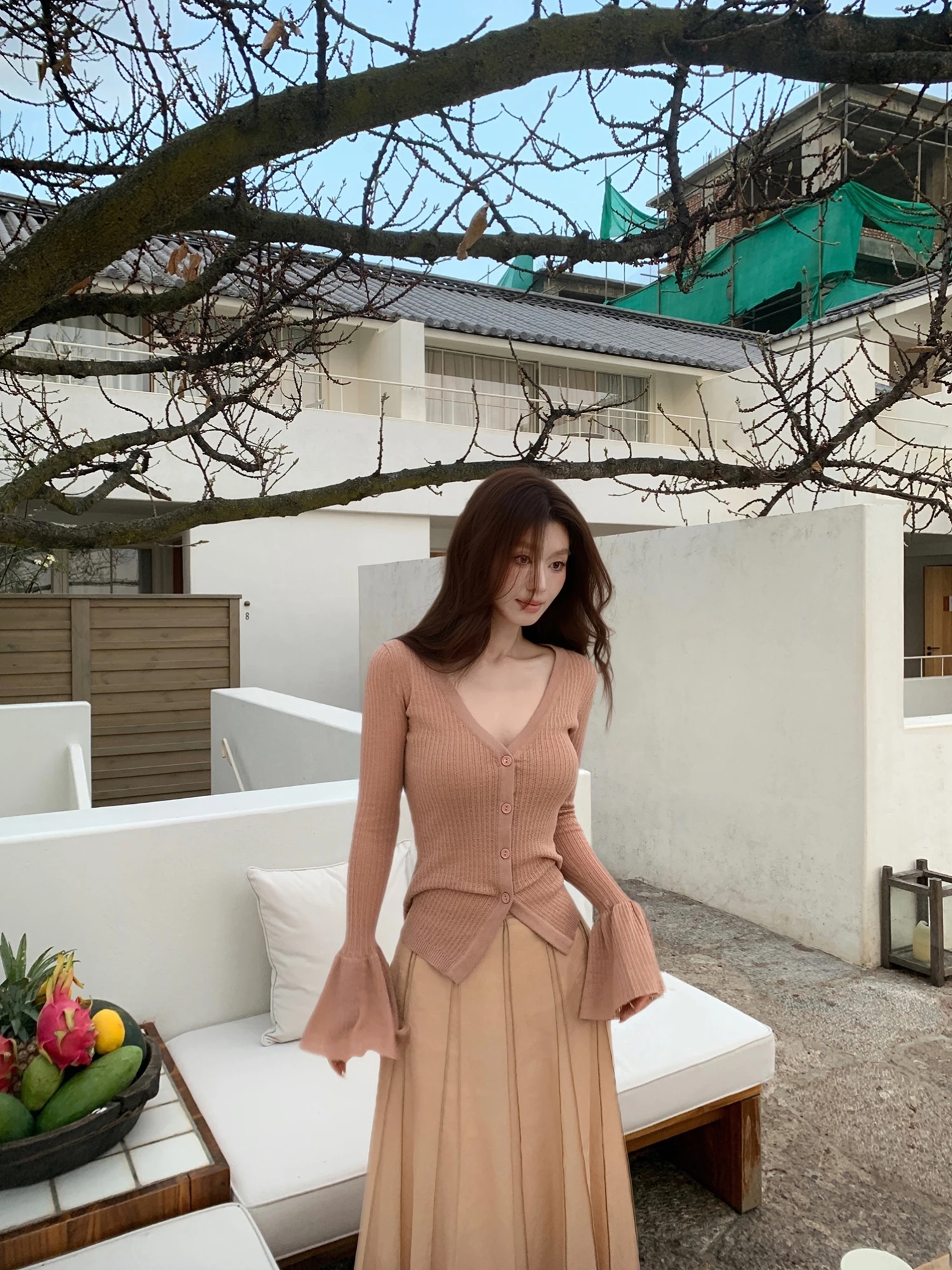 

Syaxiaosi Women's Knitted Sweater Hollow out Bell Sleeve V-Neck Slimming Waist Summer Versatile Long Sleeve Top