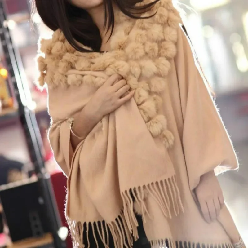 Luxury Cashmere Scarf Wool Shawl Rabbit Hair Faux Mink Fur Balls Triangle 120pcs 3D Balls Gift Pashmina Wrap Scarfs Bridal shawl