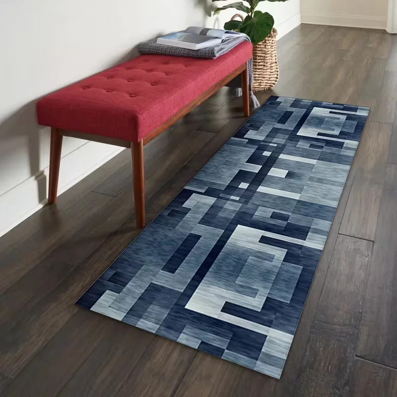 Luxury Abstract Runner Rug Watercolor Grey Blue Texture Non Slip Mat Modern Art Carpet Kitchen Bedroom Home Decor