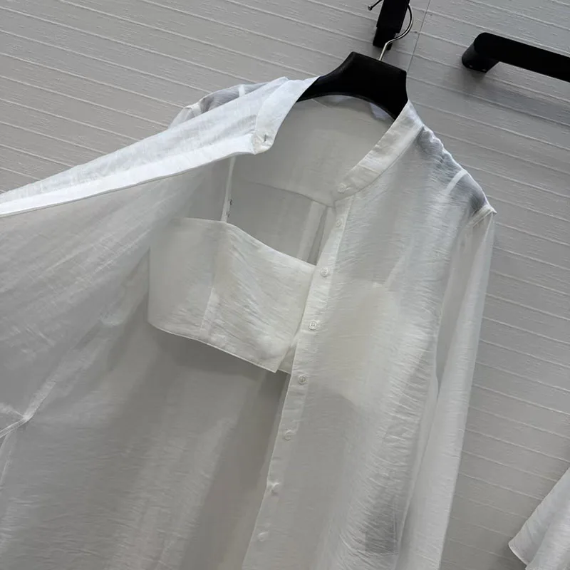 Women's Strapless Top + Stand-Up Collar Shirt + Mini Skirt, Loose-Fitting Top, Pleated Puff Skirt, 3-Piece Cotton-Linen Set, y2k view 5