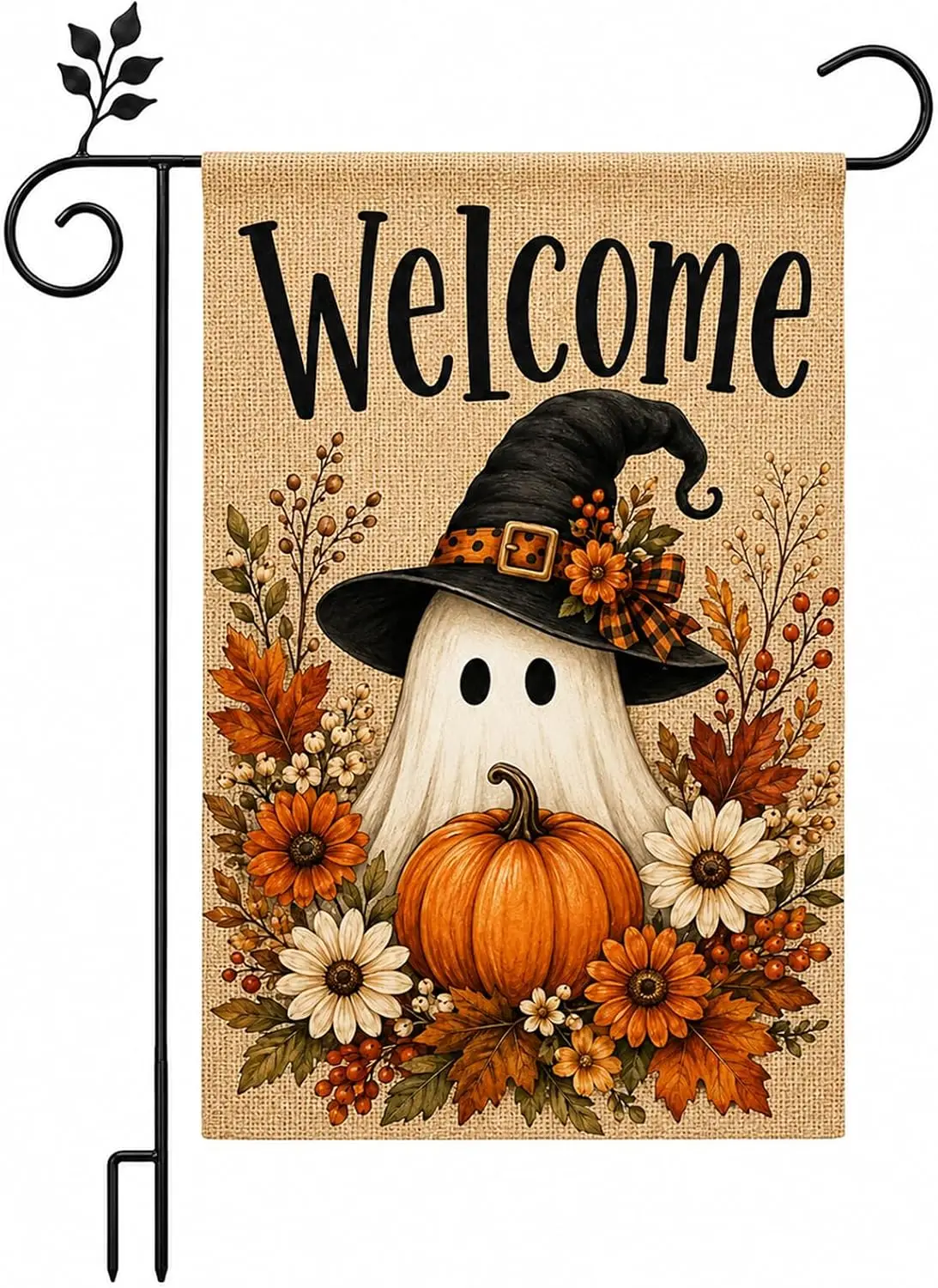 Welcome Halloween Garden Flag 12x18 Witch Hat Ghost Pumpkin Decor | Linen 12x18 double sided flag with witch hat ghost, pump xxl