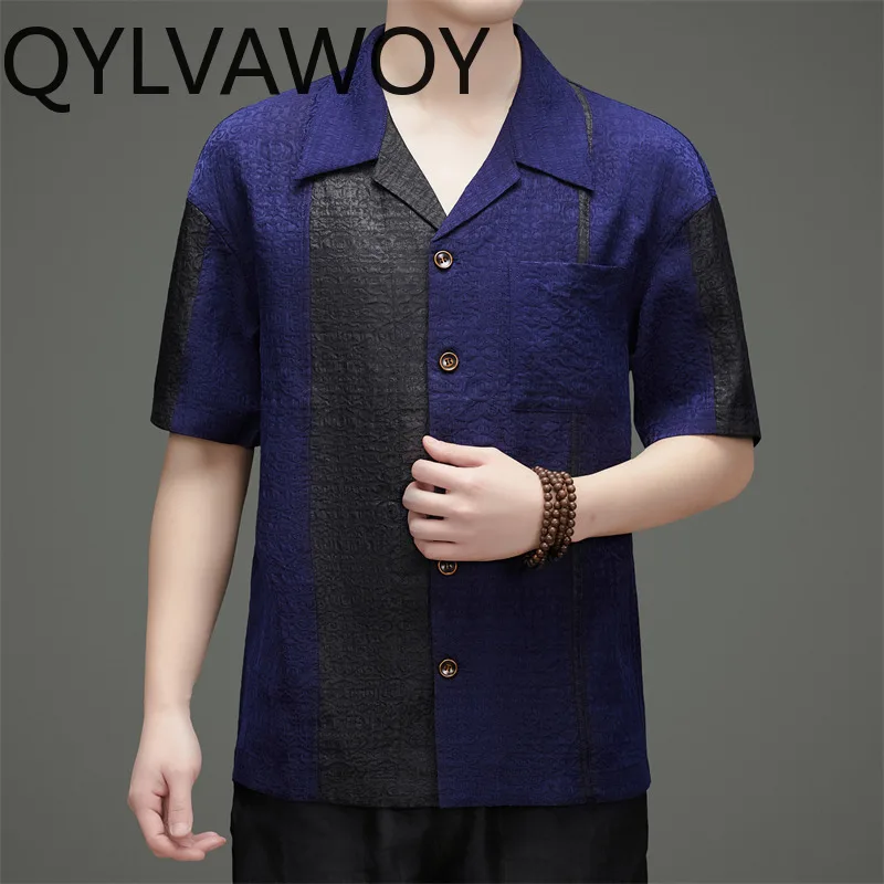 QYLVAWOY Men's Shirts Xiangyunsha Man Summer Shirt 100% Mulberry Silk Shirts for Man Loose Short Sleeve Tops Camisas Masculina