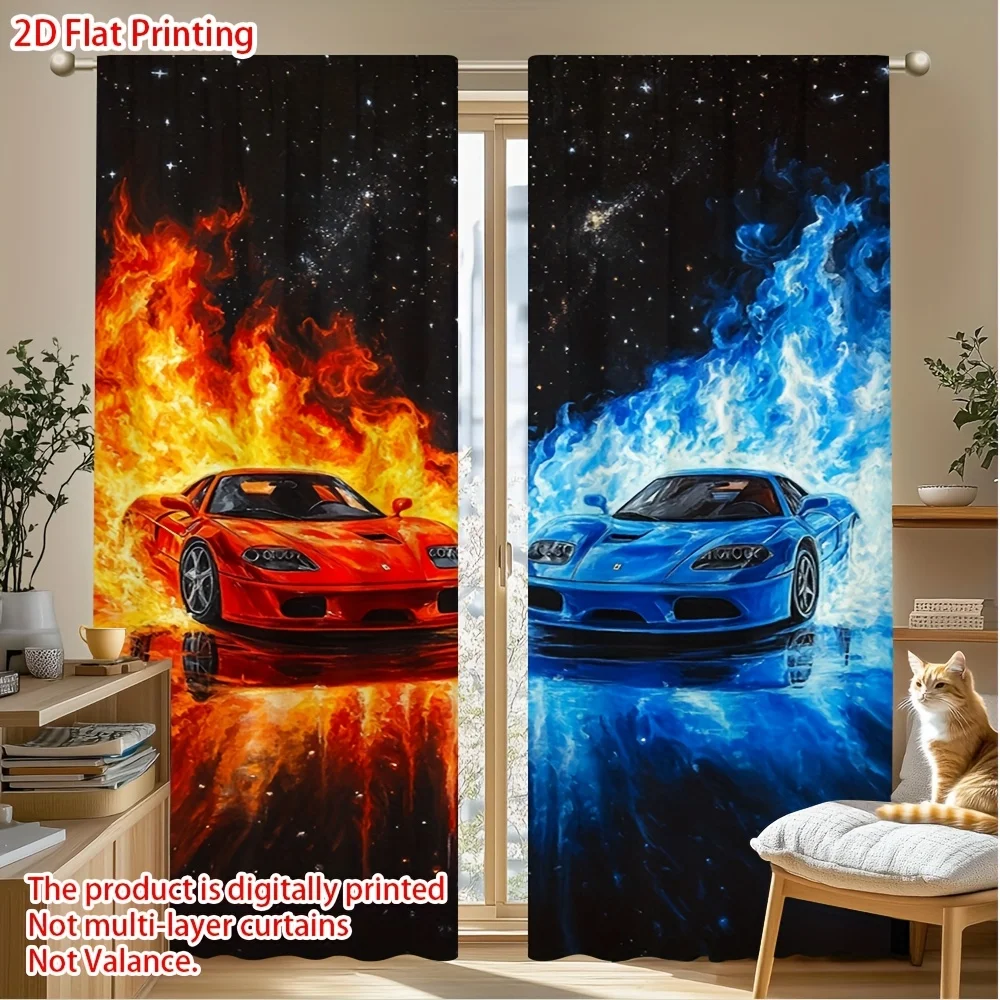 2pcs Fire and Ice Sports Car Curtains Racing Car Window Drapes 2D Printed Flame Water Art Decor for Boys Bedroom Living Room