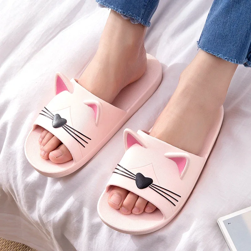 Comemore Women Summer Slippers Beach Slide Sandals Cartoon Cat Flip Flops Soft Comfortable Men Couple Ladies Flat Casual Shoes