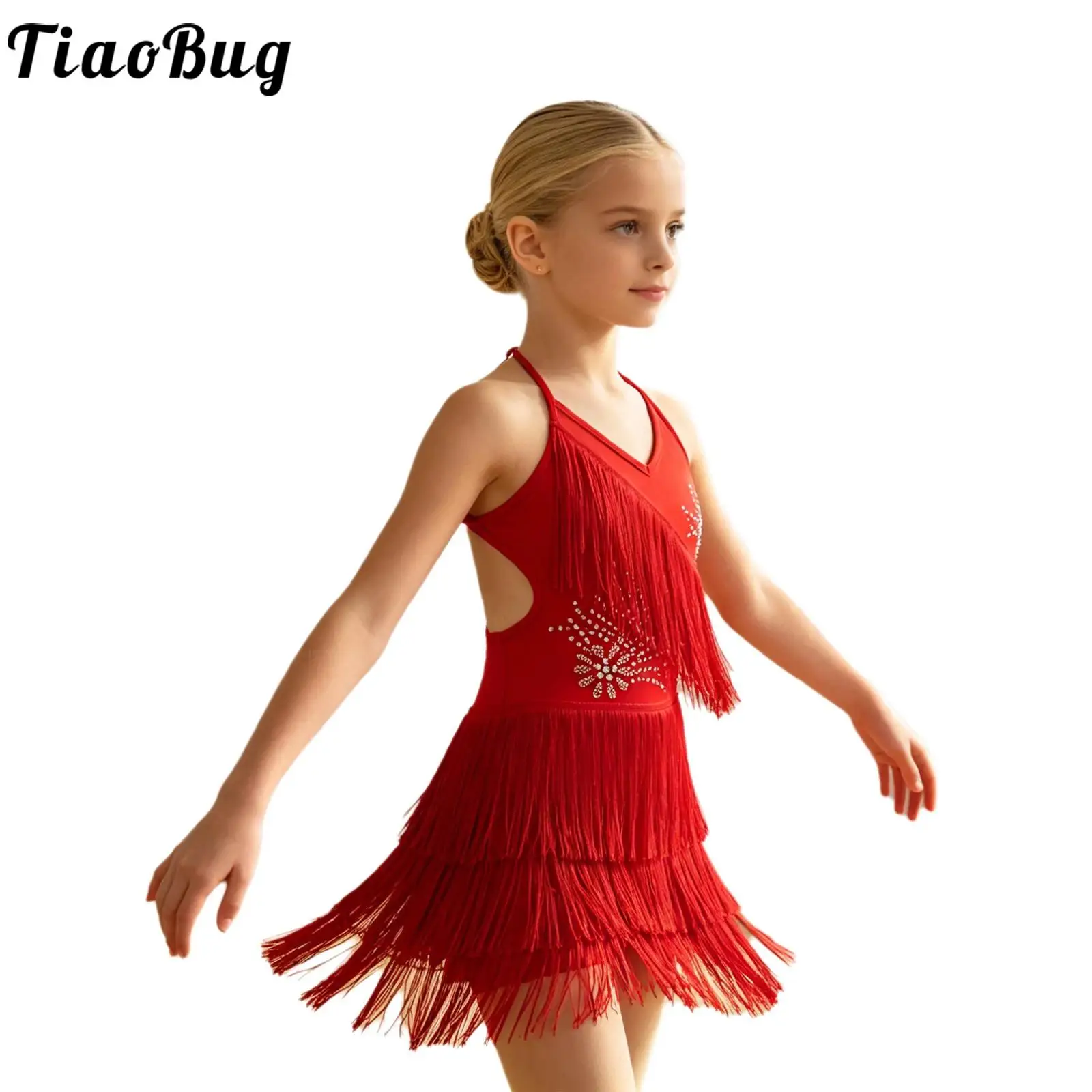 Tassels Latin Dance Dress for Kids Girls Sleeveless Shiny Rhinestone Fringed Dresses Ballroom Chacha Tango Rumba Salsa Dancewear