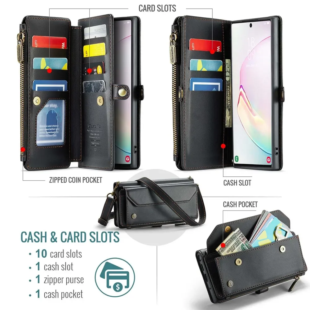 

Phone Case For Samsung Galaxy Note10 Plus Flip Leather Zipper Wallet Card Bag Cover Coque Etui