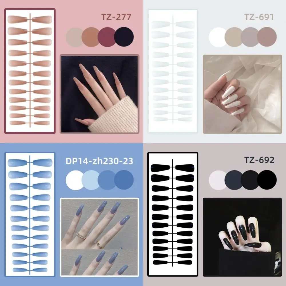 24Pcs New Detachable Solid Color Fake Nails Full Cover Wearable Long Ballet False Nails Manicure Bright Press-on Nails Women