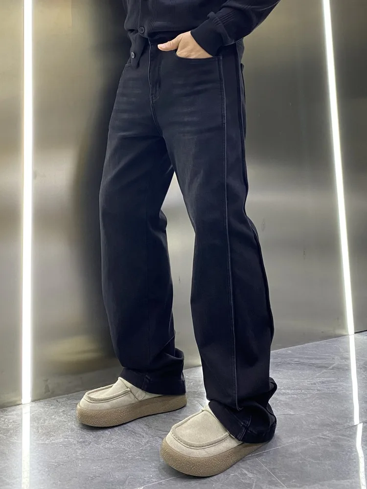 

Retro American Splicing Wide Leg Straight Cut Men's Jeans Autumn Winter Faion Urban Loose Luxury Long Trousers