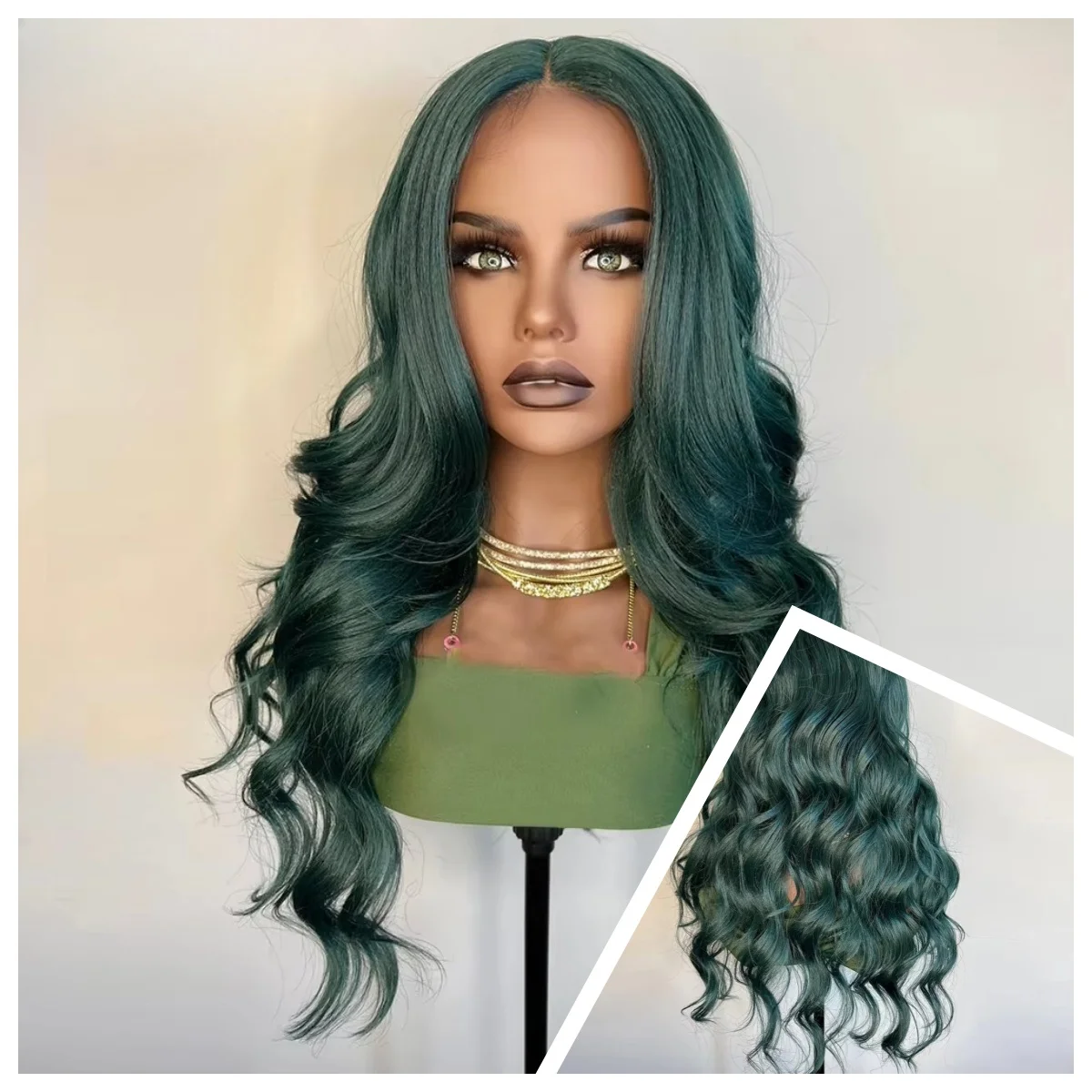 Long Body Wave Lace Front Wigs Dark Green Lace Frontal Wigs For Women Synthetic Heat Resistant Preplucked Glueless Tiny Kont Wig