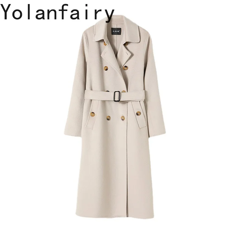 

YOLANFAIRY брендовое шерстяное пальто 95,7% для женщин, зима-осень, элегантное двустороннее кашемировое длинное пальто с водной рябью, женская куртка