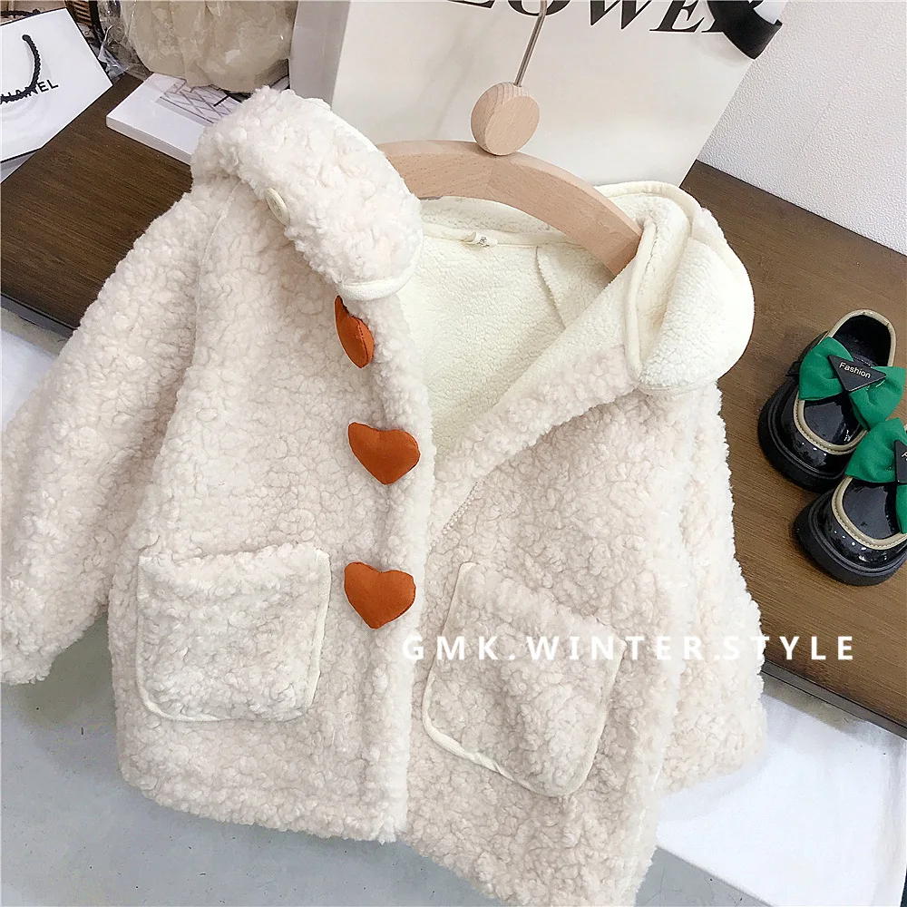 Winter Children Girls Woolen Coat Cotton Love Button Thicken Warm Kid Girl Outerwear Plus Velvet Soft Hooded Little Girl Jackets