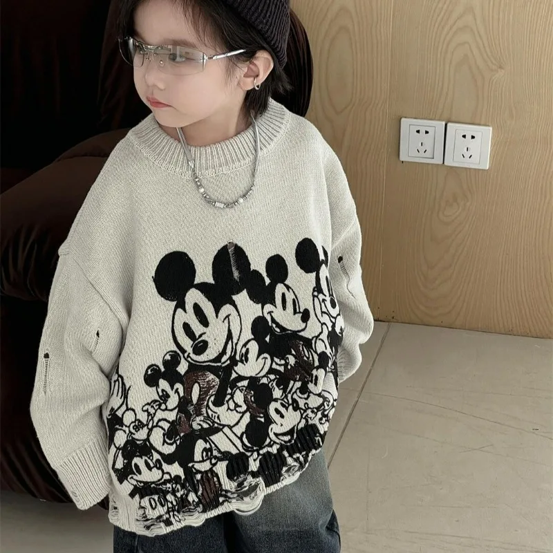 Korea Kids Baby Boy Knitted Sweater Cute Cartoon Mickey Mouse Printing Long Sleeves Loose Sweaters Broken Hip Hop Knit Sweater