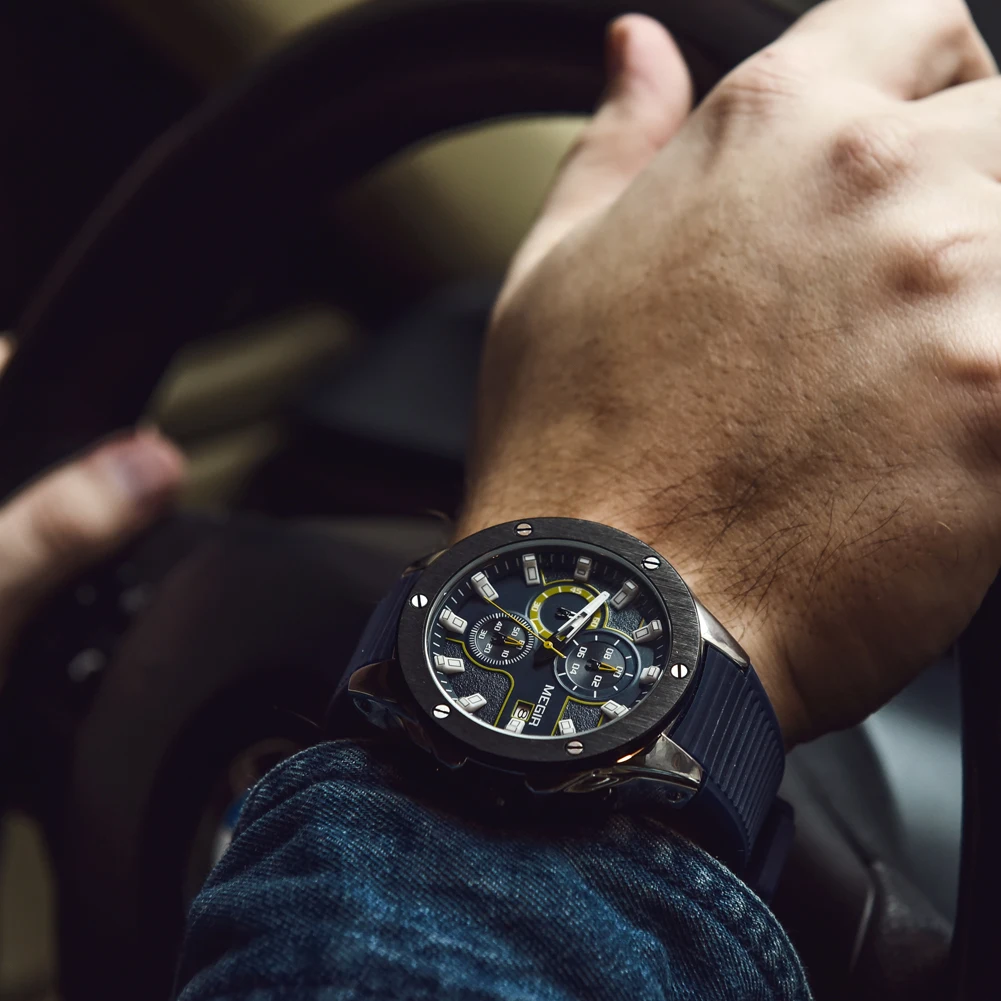 MEGIR Luxury Men's Quartz Watch 46MM Dial Sport Military Watches Chronograph Waterproof Date Male Casual Wristwatch Clock Reloj