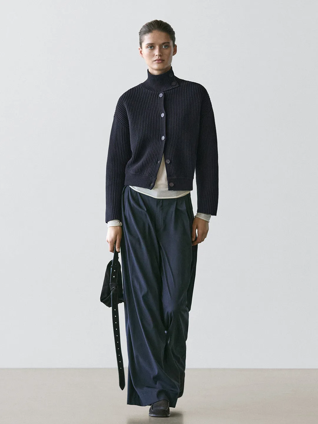 

Spring New Arrival MD Women's High Collar Knitted Open Front Sweater Commute Sle k Blue Loose Fit Long Sve irt