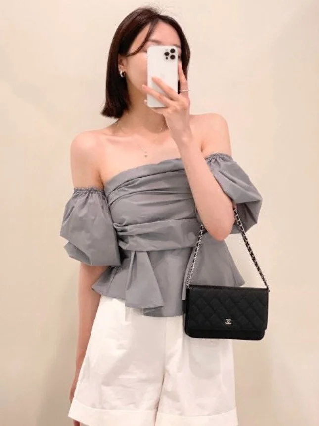 

Chic Summer Design One-oulder Pleated Slimming Ba Tie Open Ba irt Women's Premium Faion Top Other Material 00%