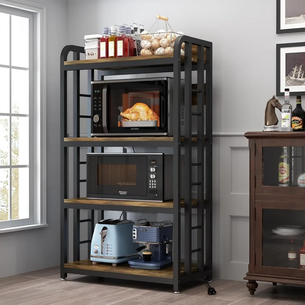 

4-Tier Kitchen Baker's Rack with Power Outlet and Storage, Ideal for Kitchen, Living Room, and Dining Areas