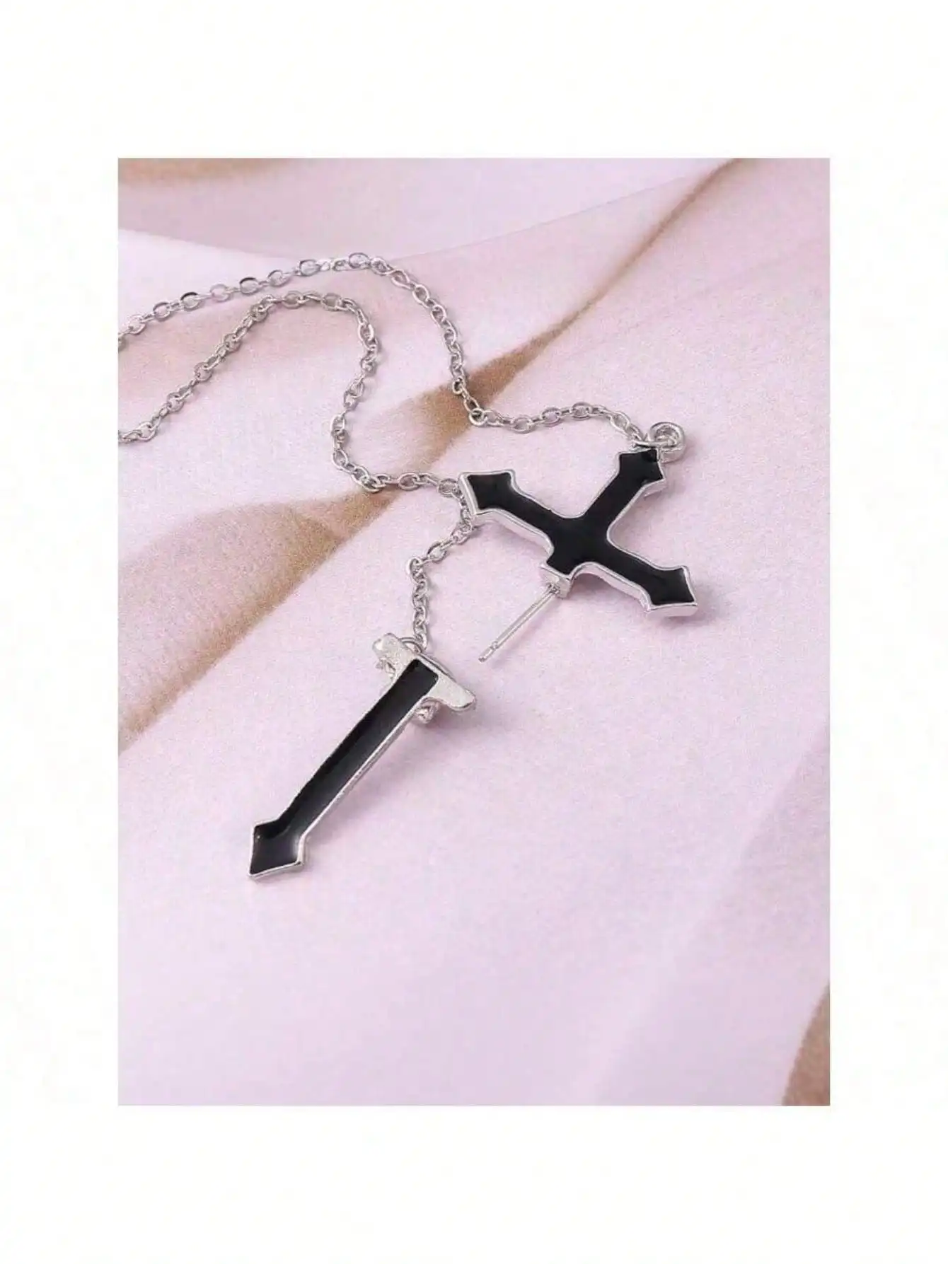 1pc Black Cross Integrated Stud Earring With Chain Edgy Fashionable Suitable For Women's Daily And Festival Wear