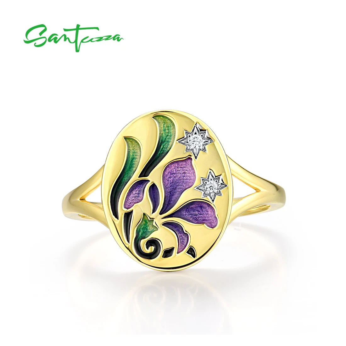 SANTUZZA Real 925 Sterling Silver Rings For Women Sparkling White CZ Purple Flower Fancy Enamel Wedding Anniversary Fine Jewelry