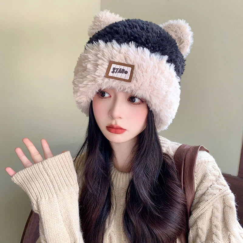 Cute Cat Ears Soft Plush Knitted Cold Hats For Women Autumn And Winter Outdoor Fashion Warm Versatile Pullover Beanies image 3
