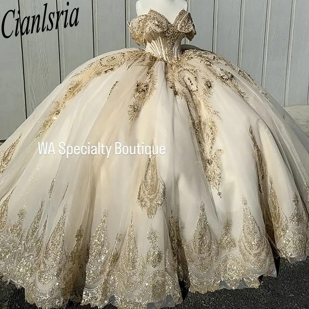 Gold Sequined Appliques Lace Beading Quinceanera Dresses Ball Gown Off The Shoulder Sweet 15 Años Mexican Customized