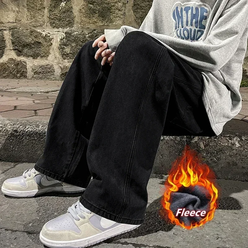 الشتاء الصوف فضفاض الجينز، فضفاض مستقيم المخملية الدافئة ومريحة مرونة الخصر واسعة الساق السراويل العلامة التجارية الملابس الرجالية #3