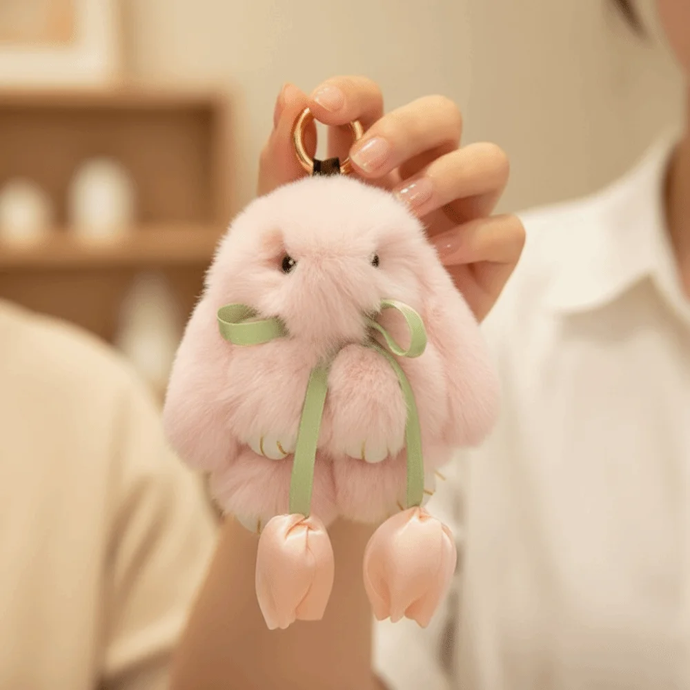Sweet PP Cotton Tulip Rabbit Keychain Cute Cartoon Pendant Key Ring Soft Cartoon Bunny Keyring Girl
