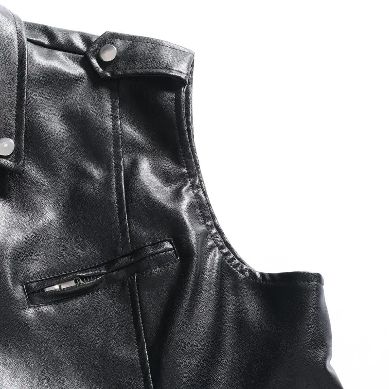 Men Vest Black Biker Motorcycle Hip Hop Waistcoat Male Leather Punk Zipper Sleeveless Leather Vest Slim Casual Black Vest