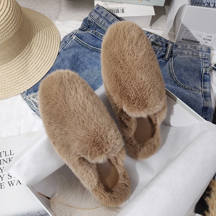 Fashion Winter Warm Fluffy Faux Mink Mules Flat Slides Closed Toe Loafers Indoor Outdoor Fur Slippers for Women