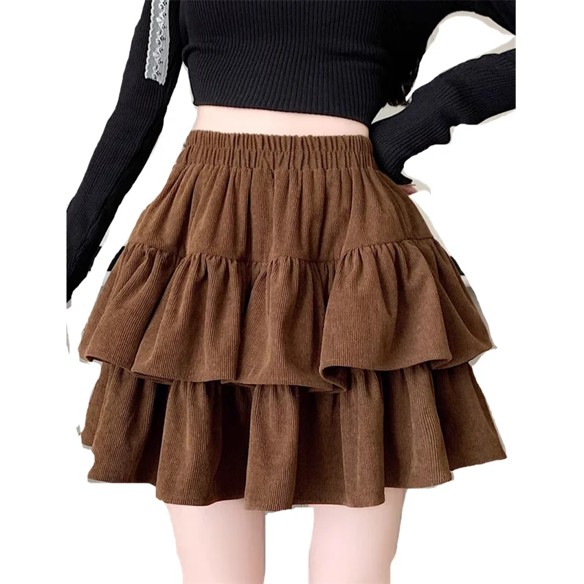 Gowyimmes New Spring Autumn Slim Women High Waist Corduroy Skirt Fashion Lady  Party A-line Cake Skirts Hip Pakadge Mini PD1756