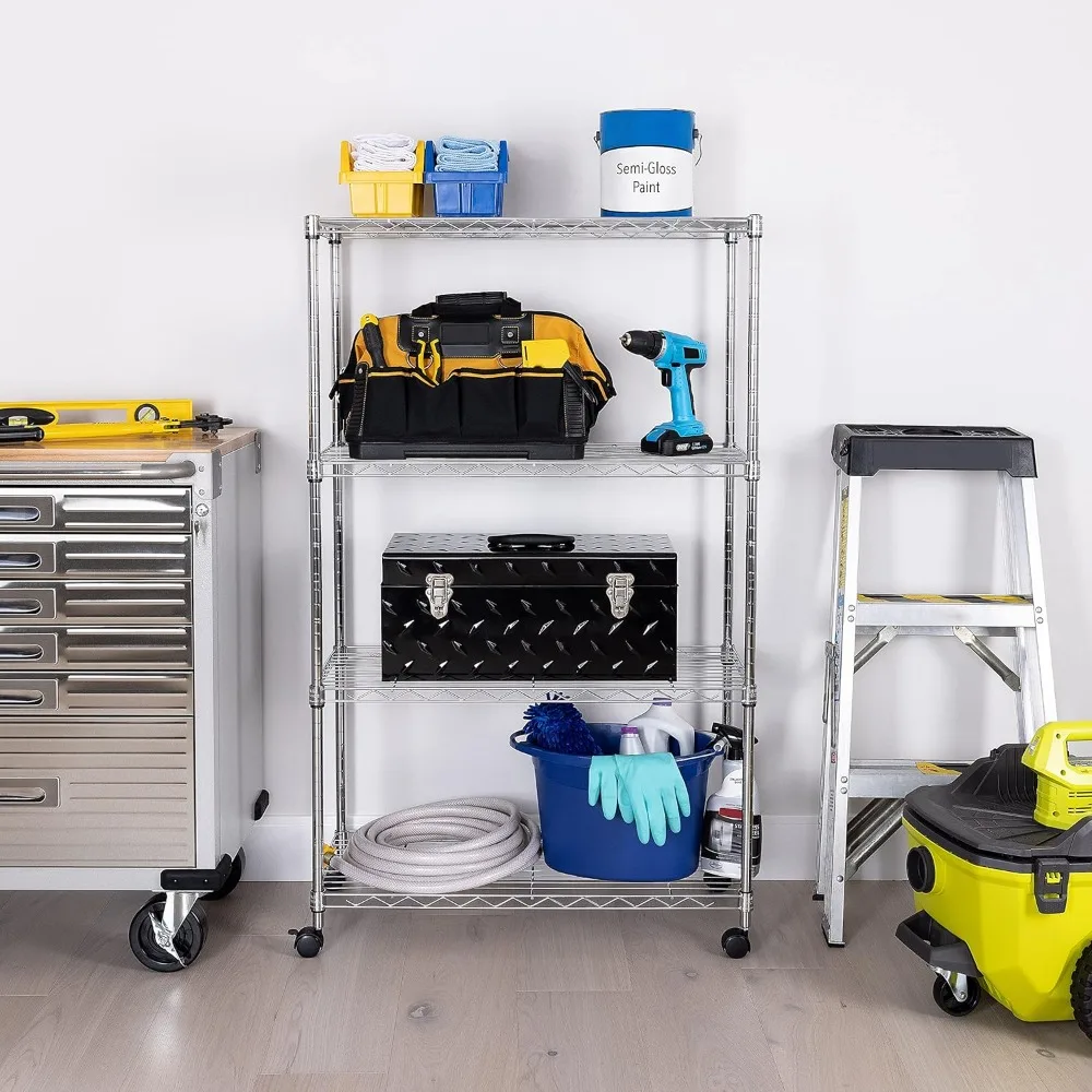 

Регулируемый стеллаж из стальной проволоки, 4-уровневый стеллаж для хранения для дома, кухни, офиса, гаража, прочный органайзер с роликами