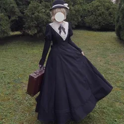 MAGOGO French Vintage Gothic Lolita Black Dress Elegant Bow Patchwork Detachable Sleeves Slim A-line Maxi Dresses for Women