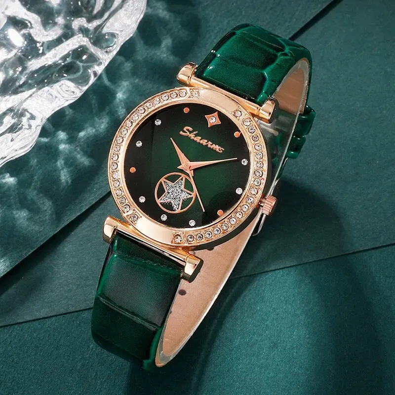 Montre à Quartz de Luxe Verte pour Femme, Ensemble de 6 Pièces, Bague, Collier, Boucle d'Oreille, Strass, à la Mode, Décontractée, Bracelet