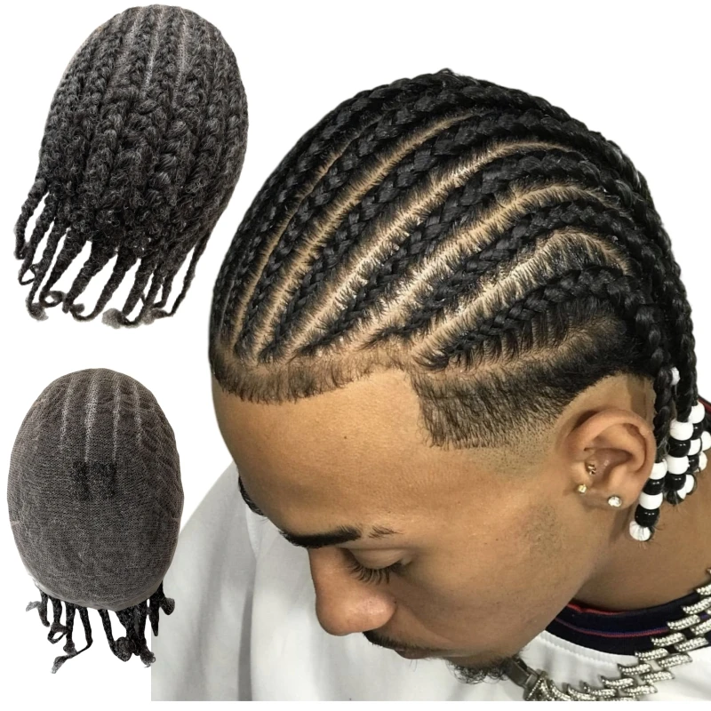 

Индийские системы натуральных человеческих волос 1bGrey Afro Cornrow Braids Toupee Full Lace Unit для модных мужчин Yong