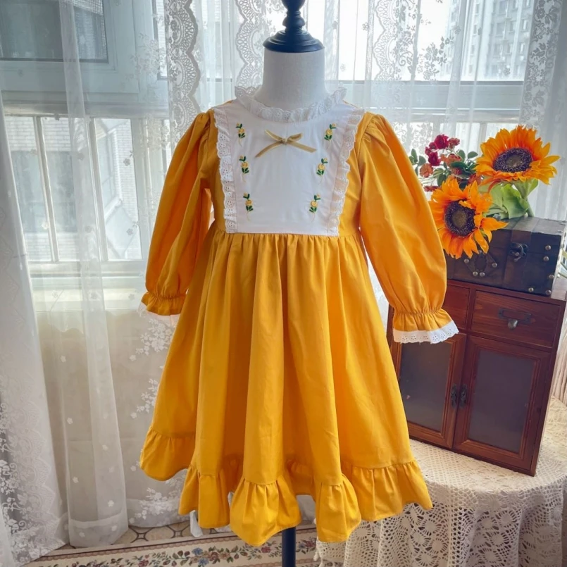 

2023 New Spanish Vintage Lolita Princess Ball Gown Bow Lace Long Sleeve Design Sweet Cute Girls Dresses For Eid A2844