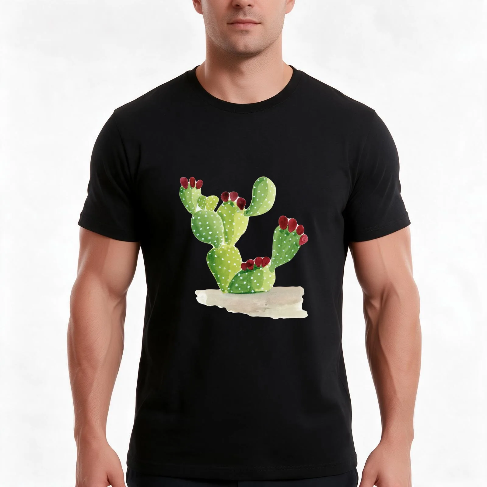 Prickly Pear Cactus Watercolor Illustration T-Shirt, Summer Casual Cotton Tee, Oversized Streetwear Tops, Vintage Graphic Print
