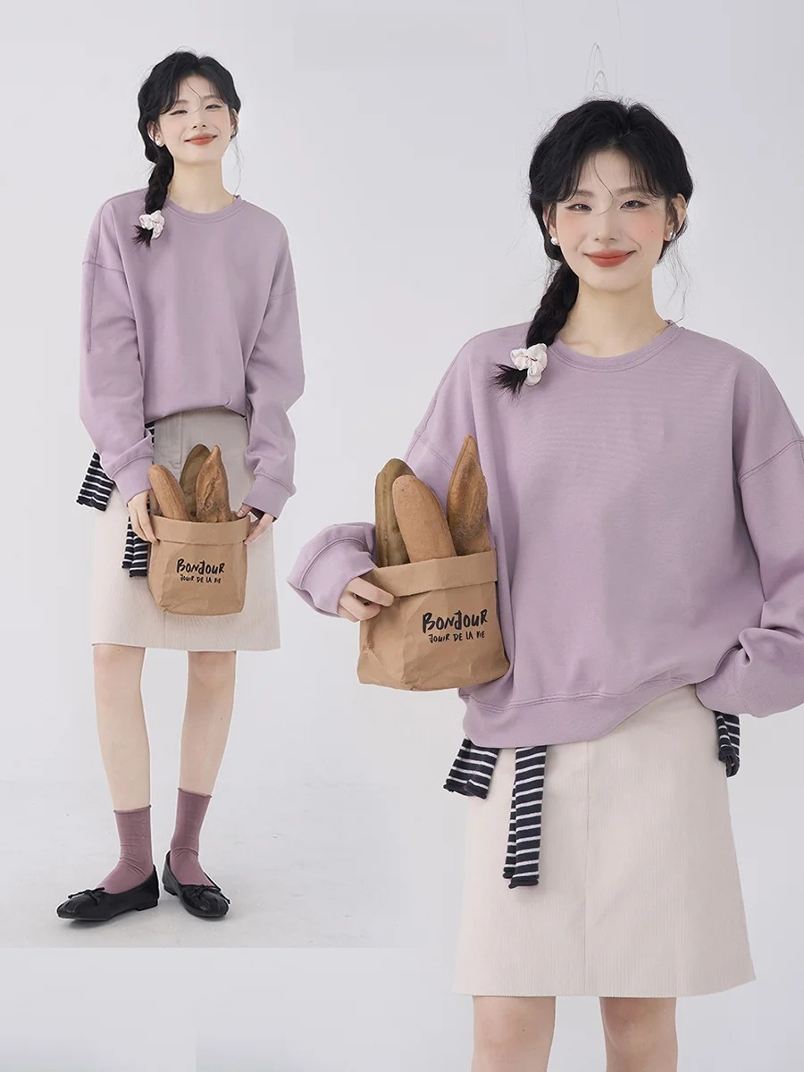 

Heme Oxygenated Lemon Korean Sle round Ne Sweatirt Women's Loose Purple Spring Autumn Top Flower Field Window