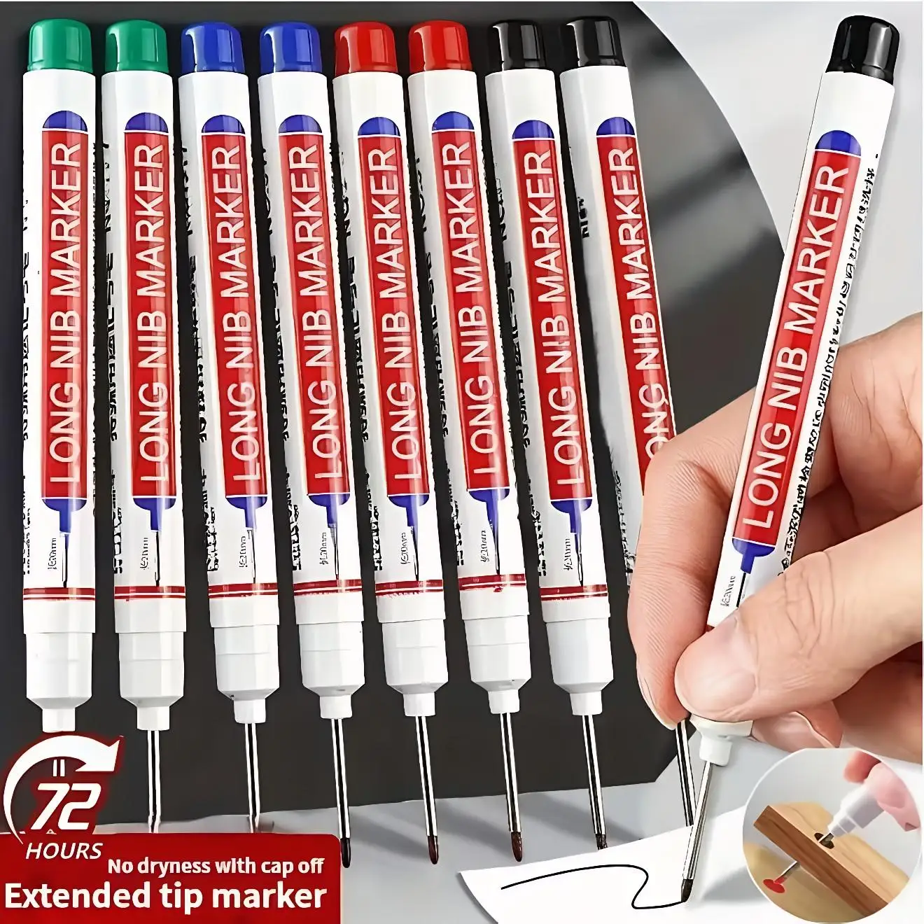 5-Pack of Long-Tipped Markers with Fine Tip Oil-Based Ink - Red, Black, Blue, Green, White, Suitable for Architecture, Drawing, Sketching, Coloring - Long-Tipped Design for Easy Marking in Deep Holes, Ideal for Technical Drawing and Coloring Books.