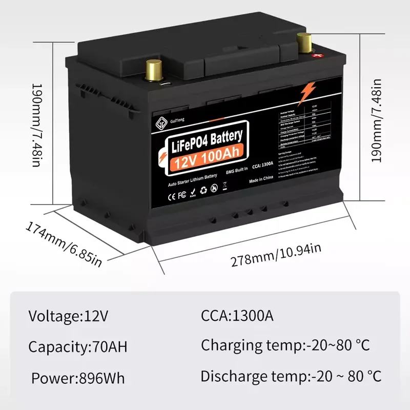 Hot Sale Custom 12v 12.8V 12.8 Volt 50Ah 70Ah 100Ah 200Ah Car Auto Starter Lithium Cylindrical Cell Rechargeable Lifepo4