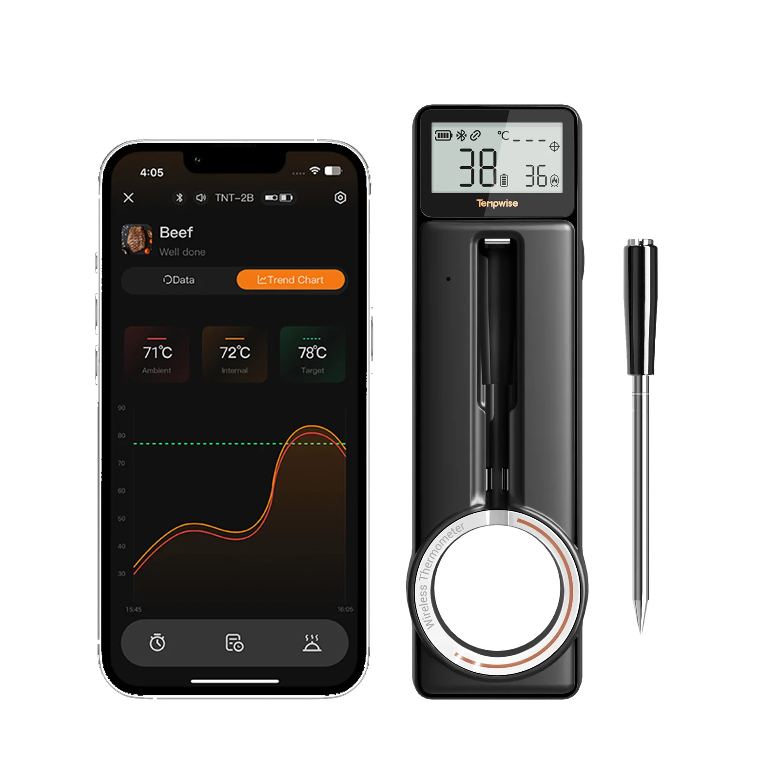 Tempwise Bluetooth 5.4 Meat Thermometer with 5mm Ultra Thin Probe Household Cooking Thermometer for Grilling,Roasting,Smoking