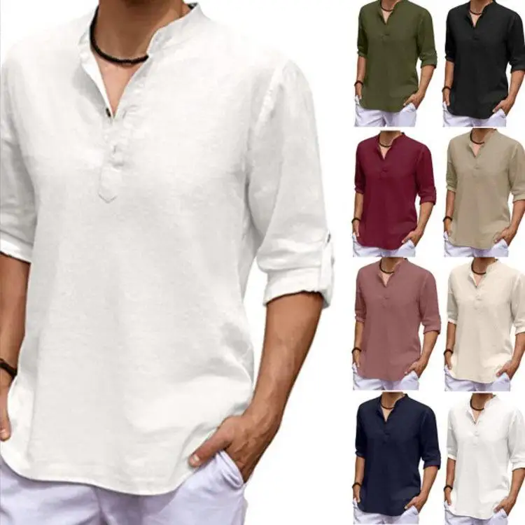

Men's Cotton Linen Shirt Casual Style Long Sleeve Uniform Color Splicing Process Comfortable Wear Resistant Deformation