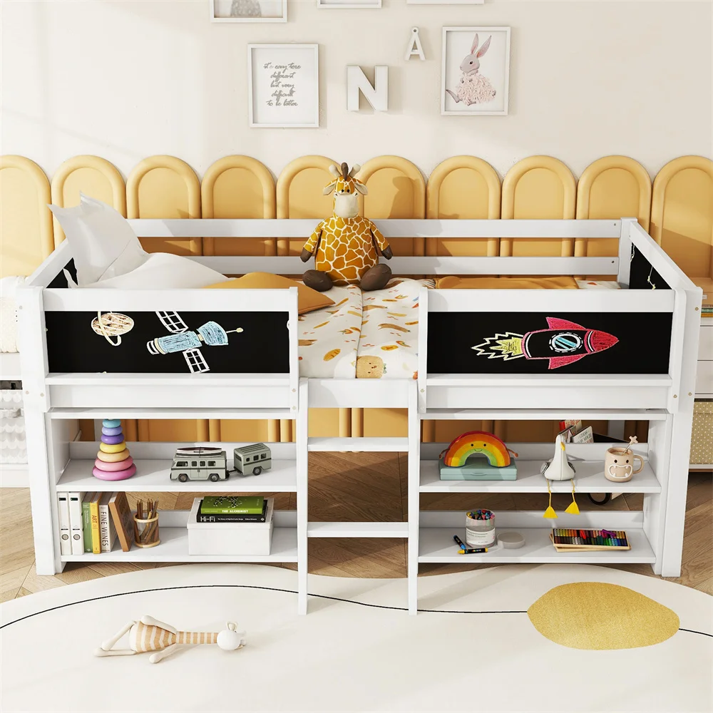 Letto mezza altezza 90x200 cm, con ripiani multipli per riporre, ringhiera e scaletta, legno di pino + MDF, bianco, senza materasso